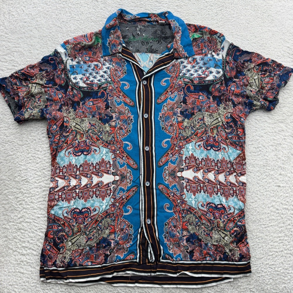 Robert Graham Mens Large Classic Fit Paisley Short Sleeve Button Down Shirt Blue